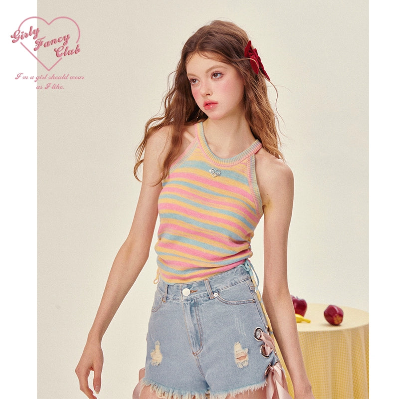 Stripe Knit Halter Sleeveless Tops NA7251