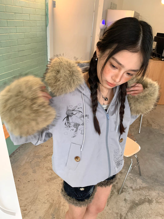 Fake Fur Trim Graphic Print Oversize Hooded Jacket NA9292