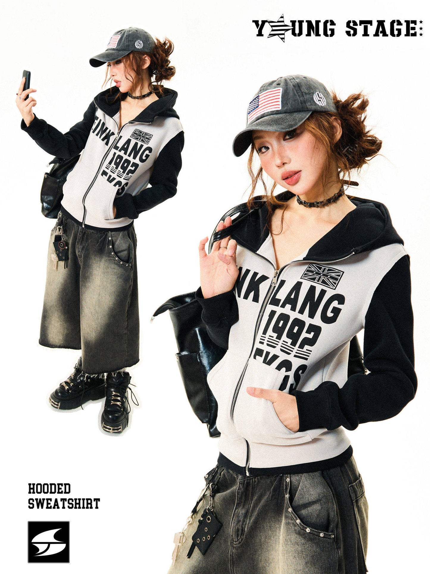 Color Block Letter Print Fitted Zipper Hoodie NA9363