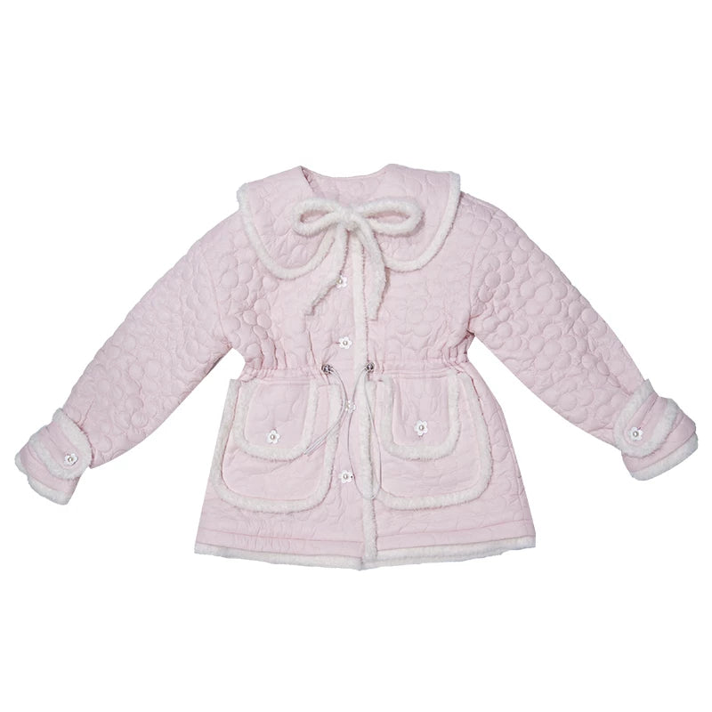 Flower Plush Bow Tie Puffer Jacket NA8302
