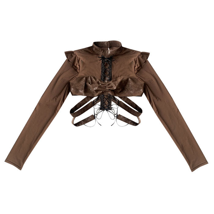 Sheer Mesh Ruffle Cropped Blouse NA7698