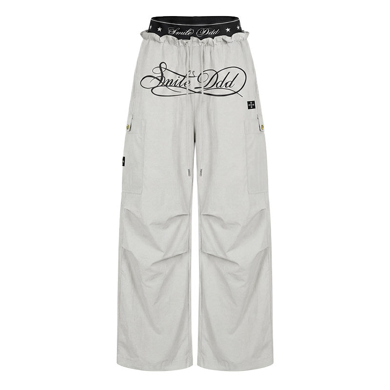 Double Waist Logo Print Drawstring Wide Leg Pants NA8935