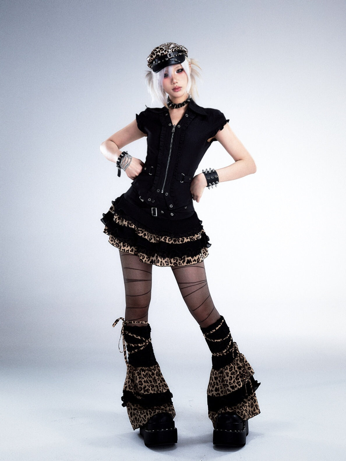 Ruffle Trim Waist-Cinching Short Zipper Shirt NA8178