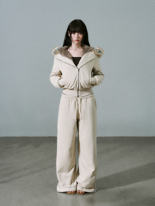 Fake Fur Hooded Zip-Up Jacket & Seatpants Setup NA8846