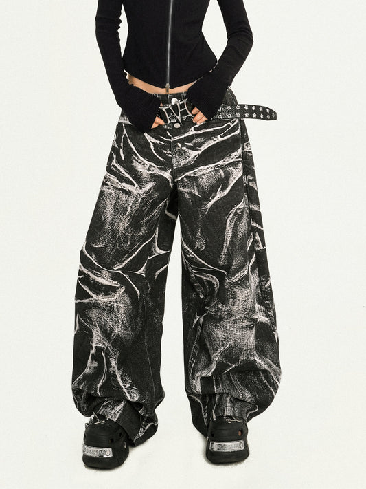 Ripple Pattern Design Wide Leg Denim Jeans NA8593