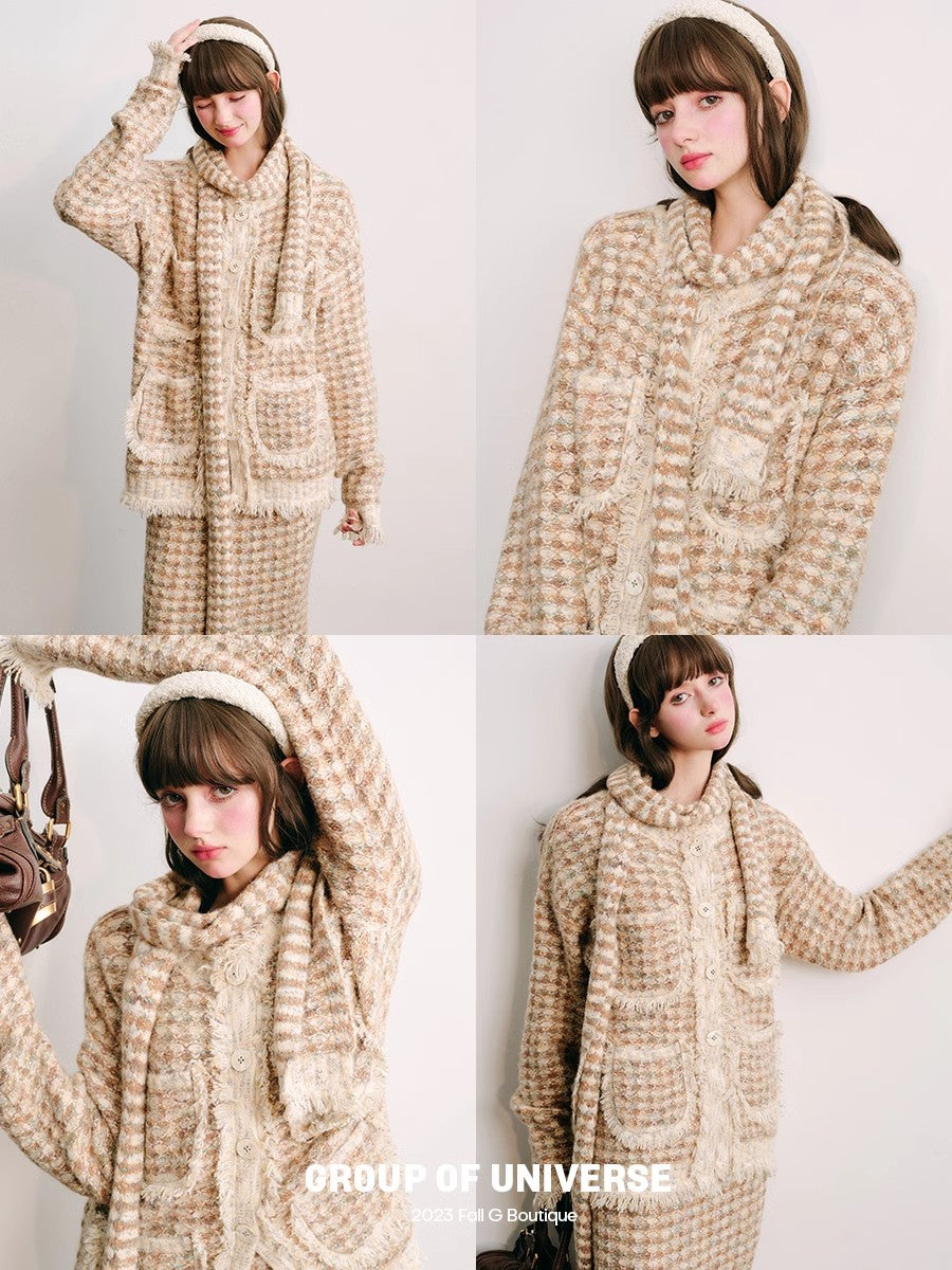 Plaid Button Cardigan & Scarf & Long Skirt Setup NA5877