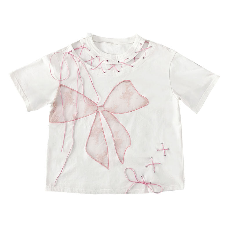 Lace Bow Hollow-Out Tie-Strap Short Sleeve T-Shirt NA7764