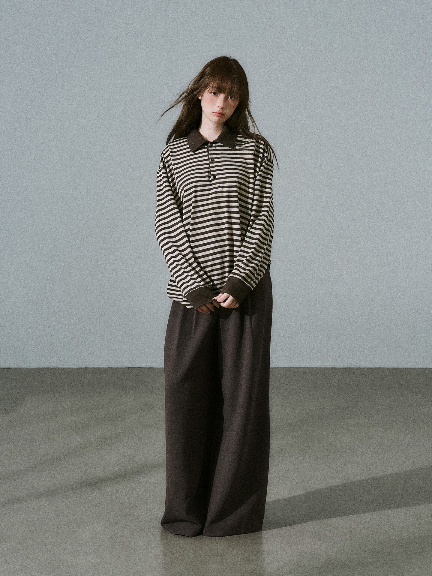 Brown Striped Long Sleeve Polo-Shirt NA8813