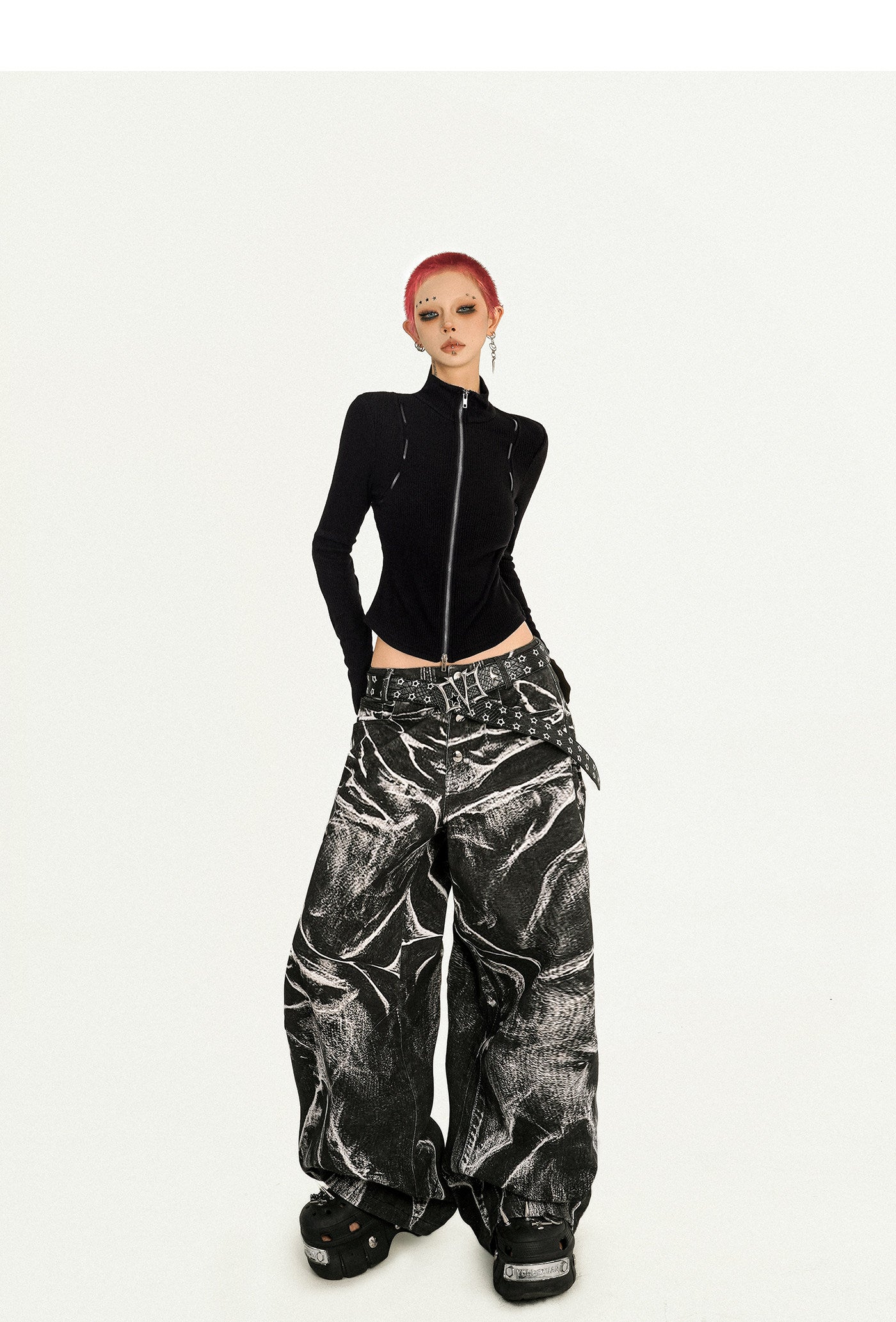 Ripple Pattern Design Wide Leg Denim Jeans NA8593