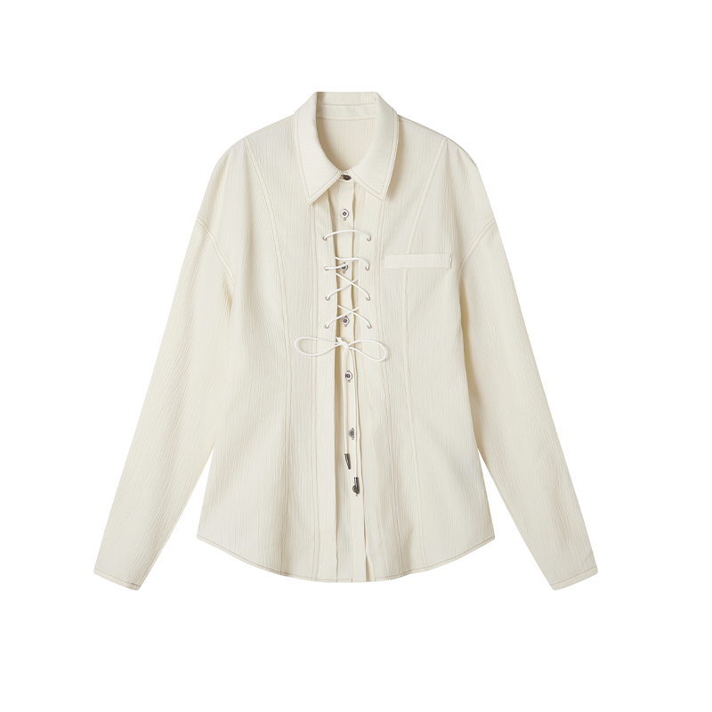 Pleats Texture Tie-Waist Long Sleeve Shirt NA7962