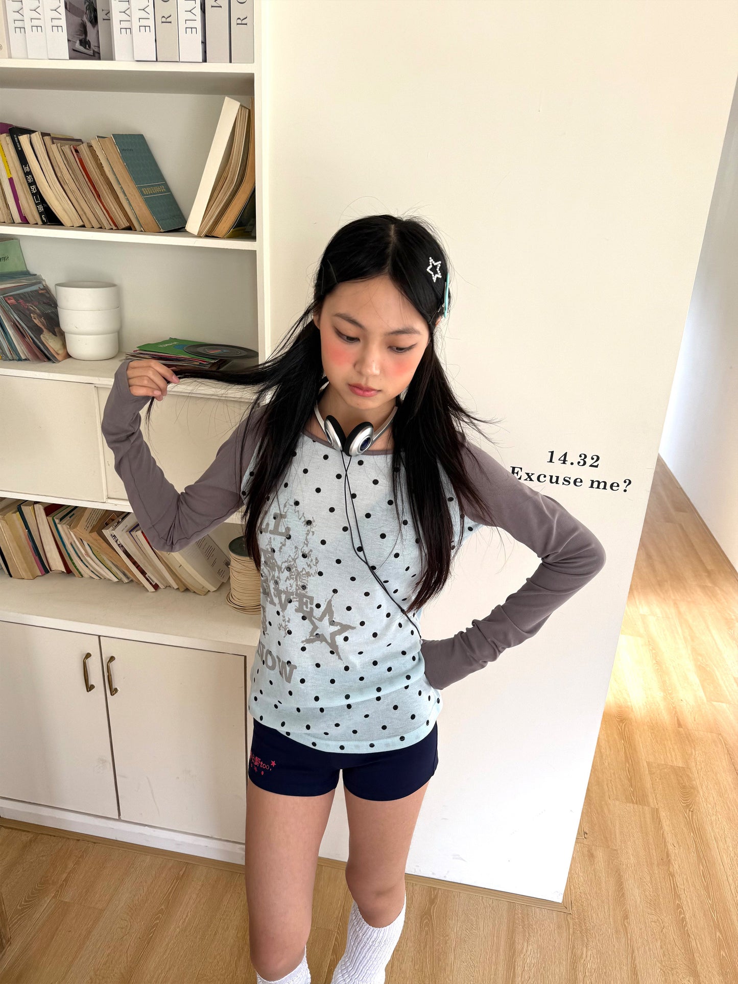 Polka Dot Letter Print Fake Layered Fitted Long Sleeve T-Shirt NA9295