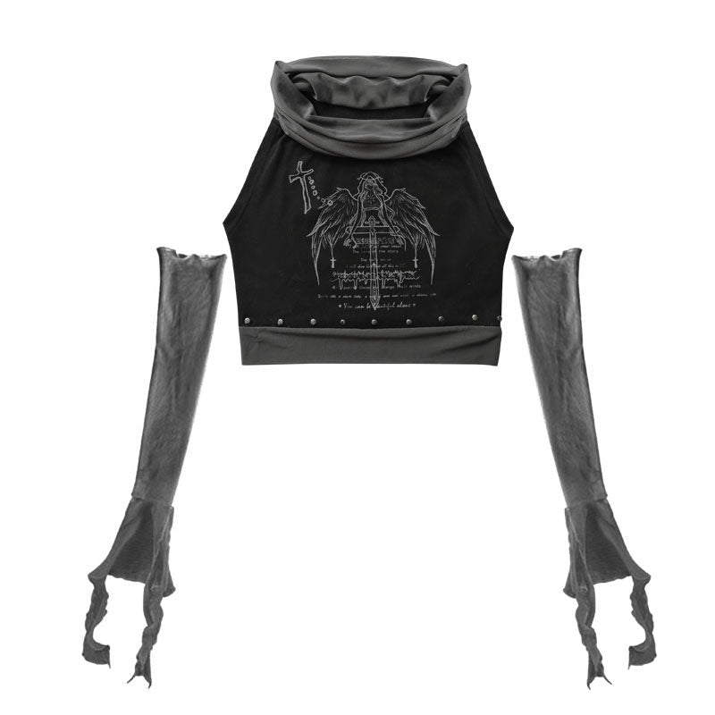 Rivet Print Patchwork Sleeveless T-Shirt & Arm Cover Set NA8537