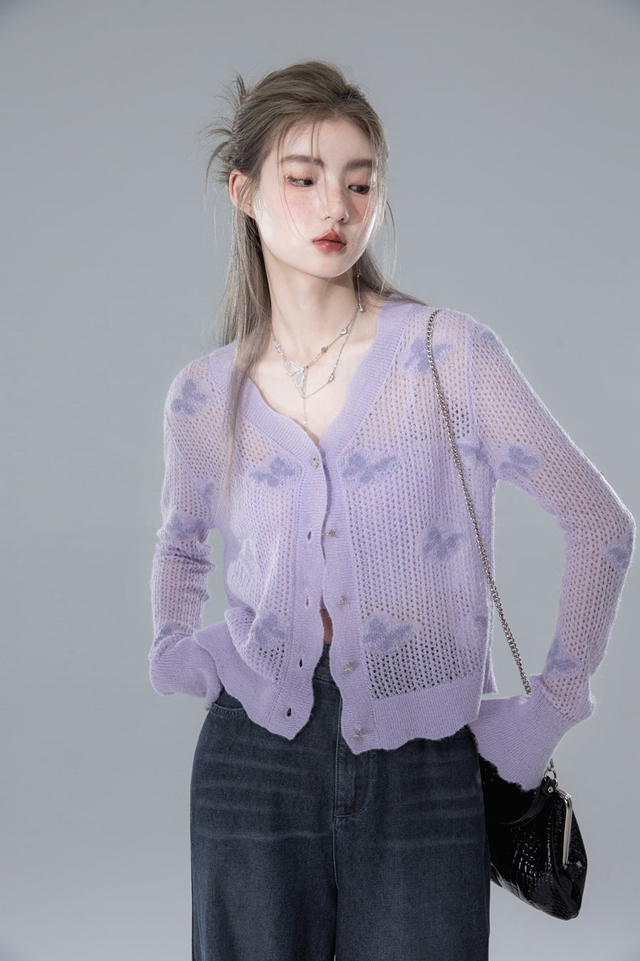 Butterfly Design Jacquard Mohair Blend Knit Cardigan NA5568 – WONAH