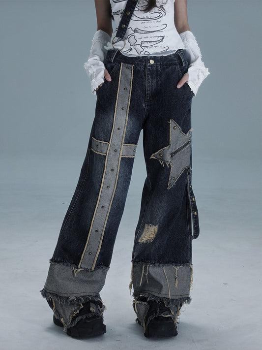 Low Waist Wide Leg Washed Stud Denim Jeans NA8547