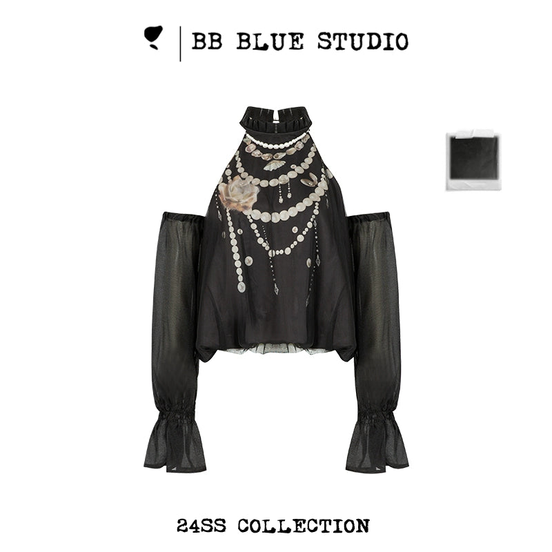 Off-Shoulder Double-Layer Mesh Rose Pearl Halter Blouse NA7474