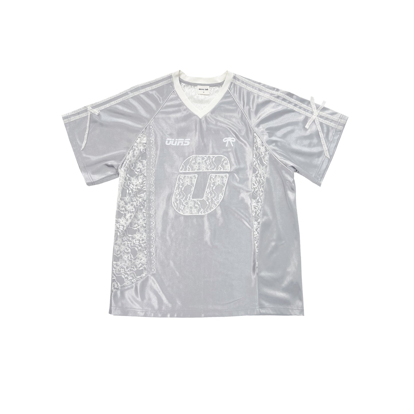 Sporty V-Neck Contrast Lace Patchwork Oversize Short Sleeve T-Shirt NA8211