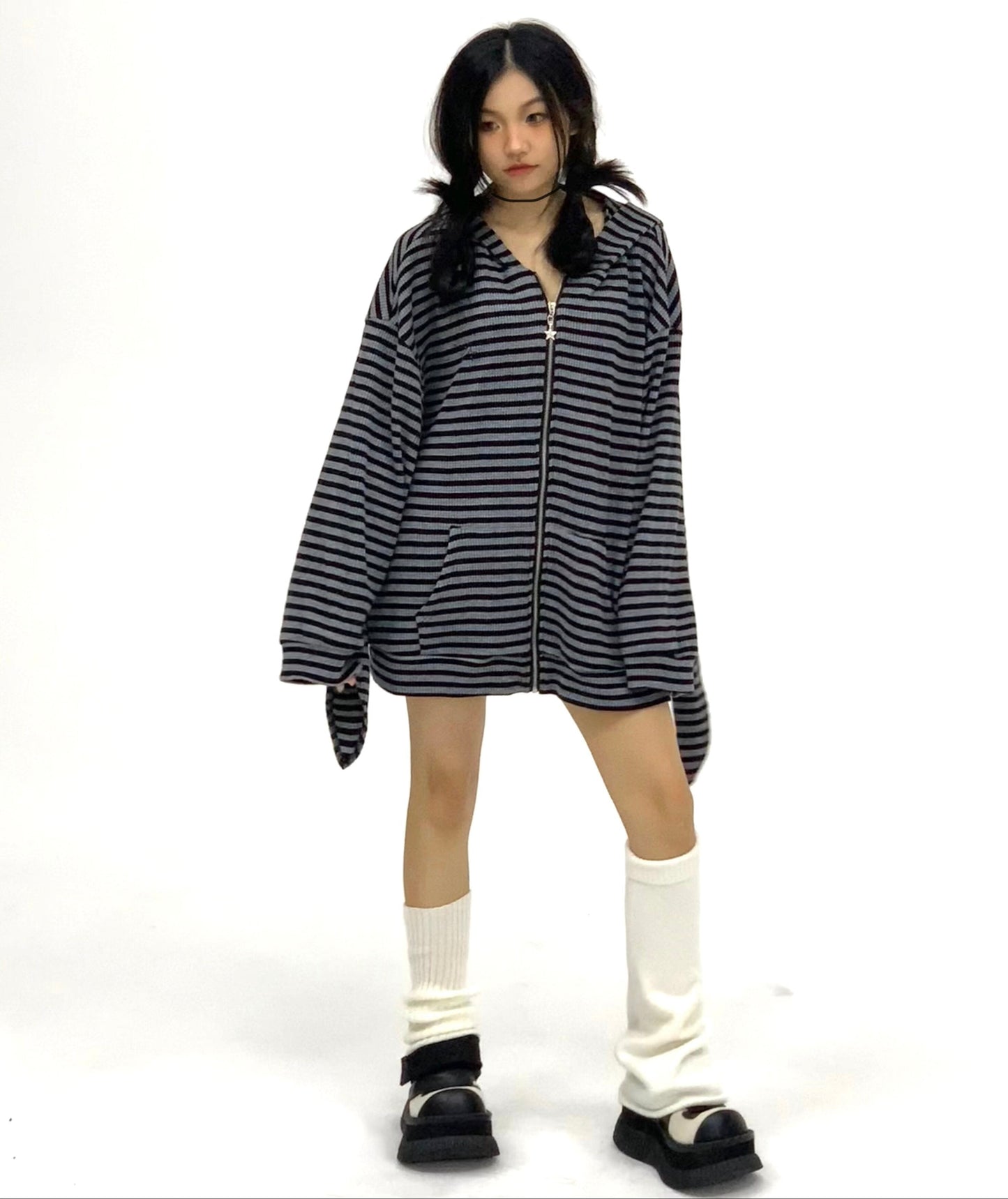 Striped Rabbit Ear Oversize Zipper Jacket & Zipper Coat NA9257