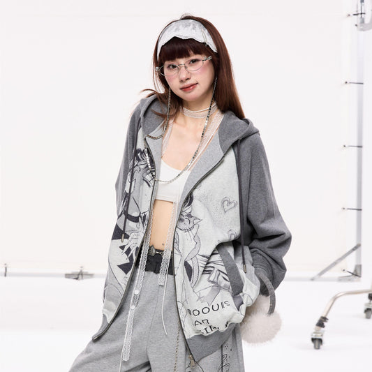 Graphic Raglan Sleeve Zipper Hoodie NA8194