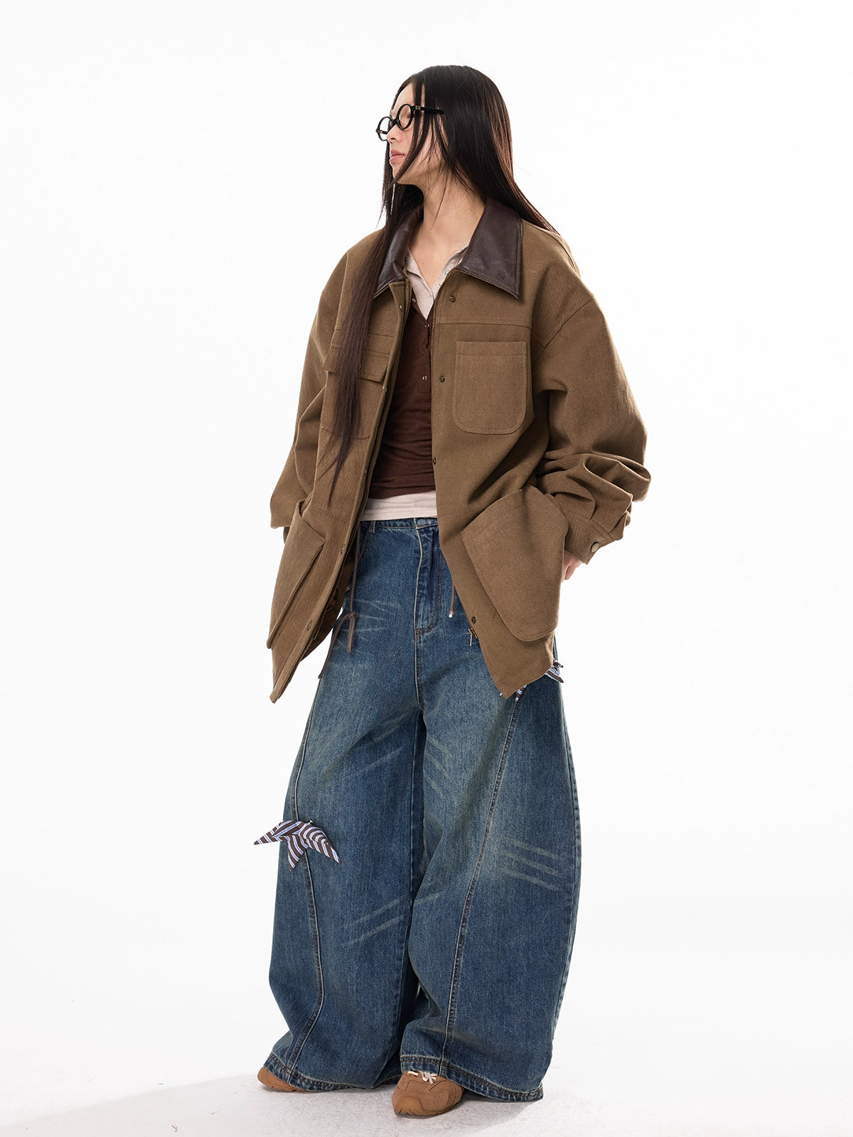 Suede-Collar Contrast PU Large-Pocket Workwear Jacket NA7124