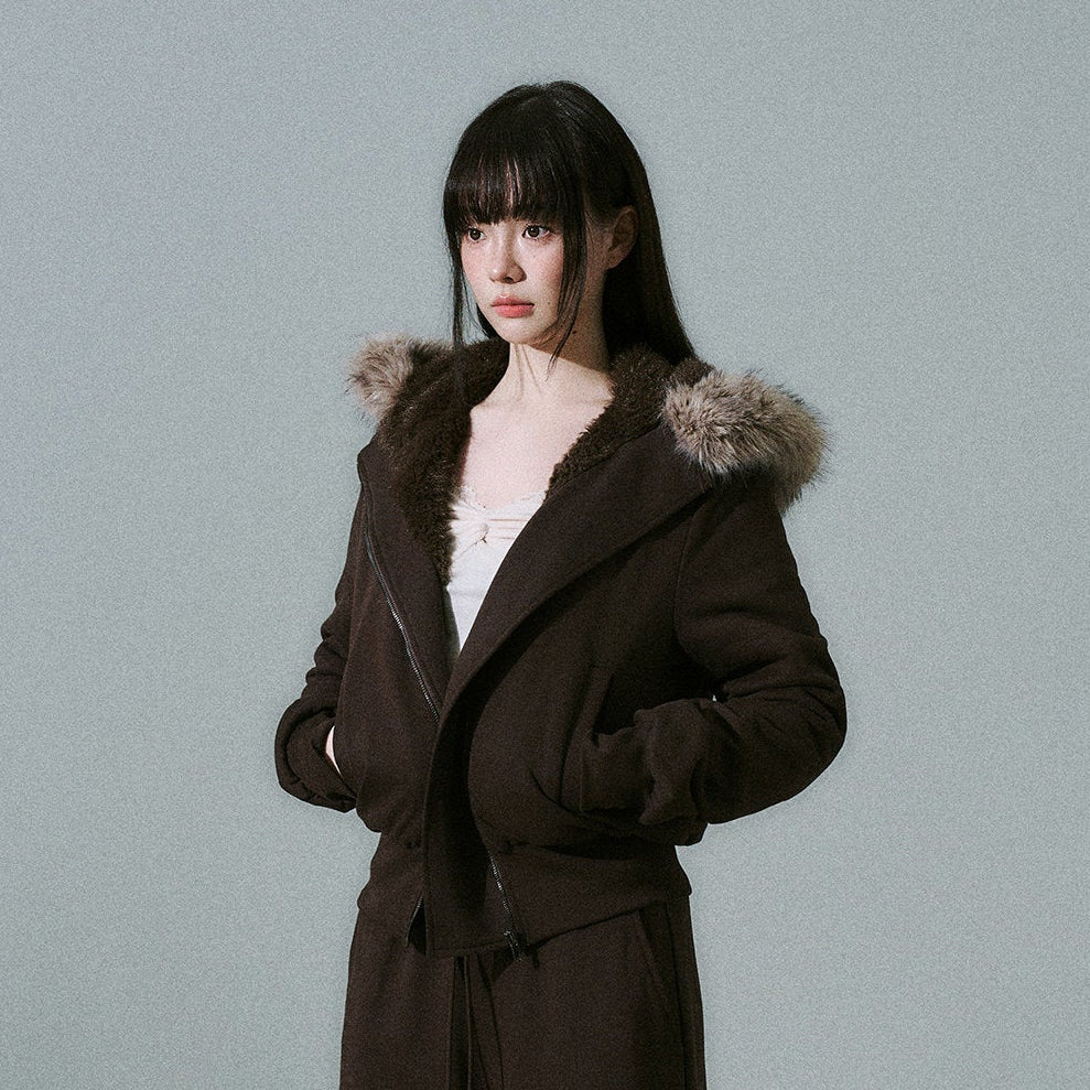Fake Fur Hooded Zip-Up Jacket & Seatpants Setup NA8846