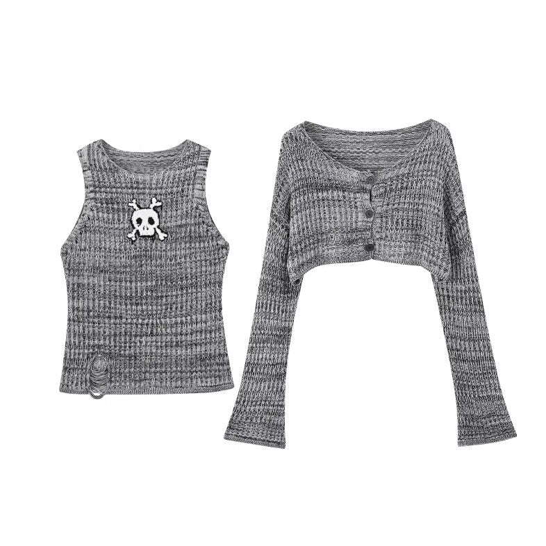 Damage Knit Cardigan & Skull Damage Vest Set NA8887