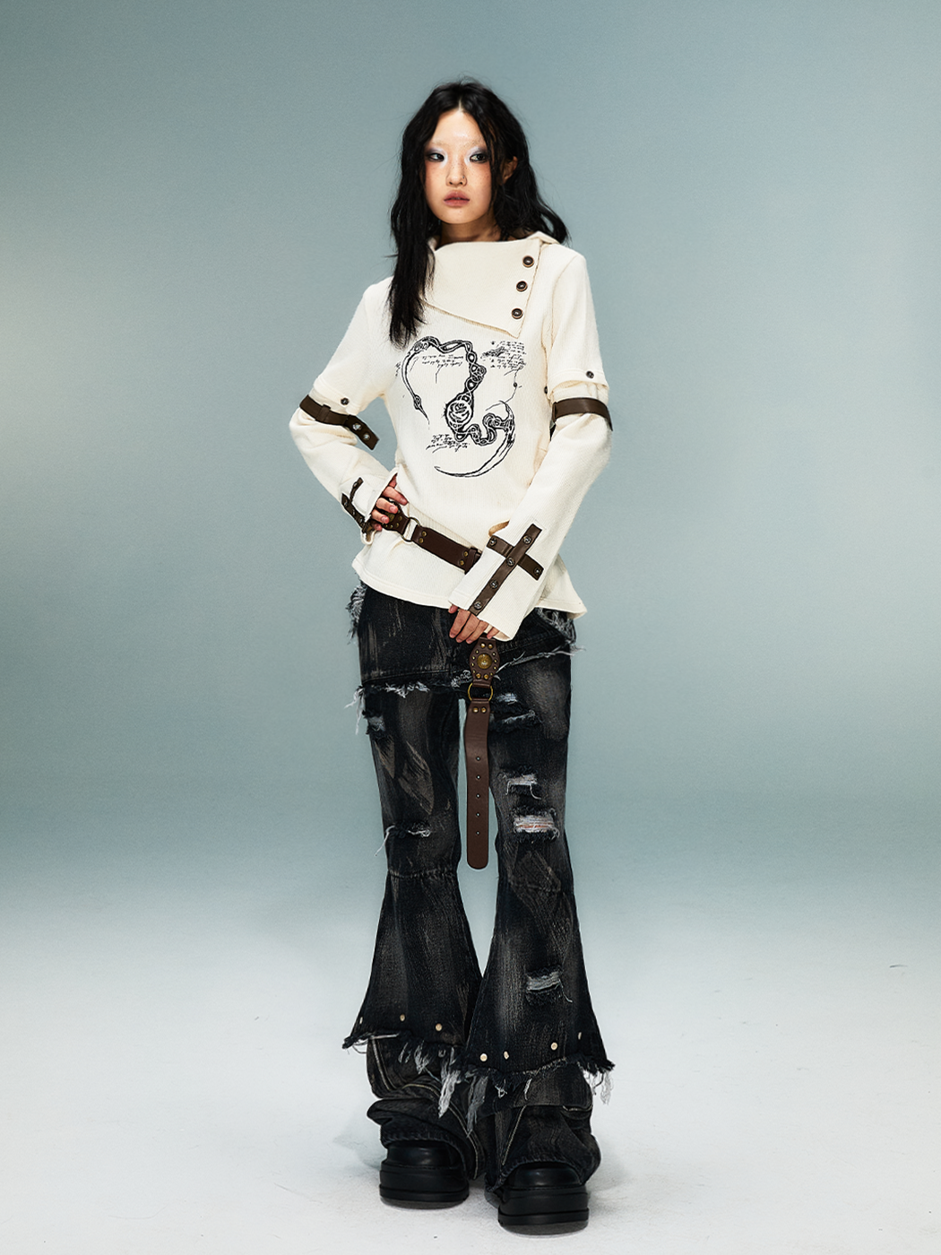 Cross Print Detachable Sleeve Knit Sweater with Belt NA8181