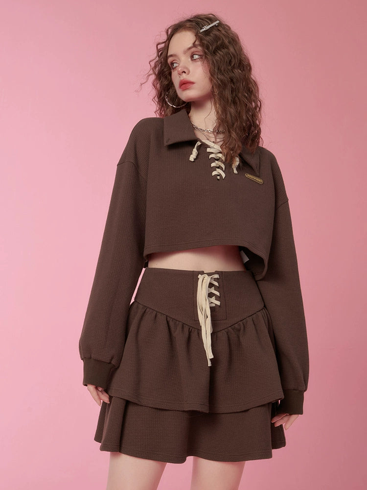 Cropped Polo Collar Sweatshirt & Ruffle Short Skirt Setup NA6760