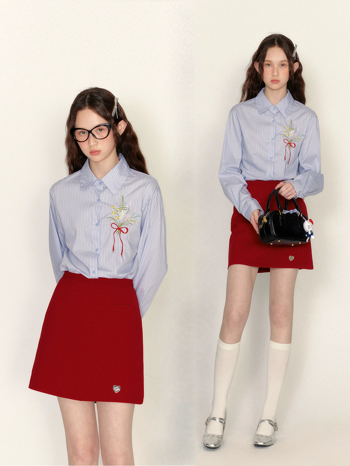 Floral Embroidery Striped Long Sleeve Shirt & Pleated Skirt Setup NA7037