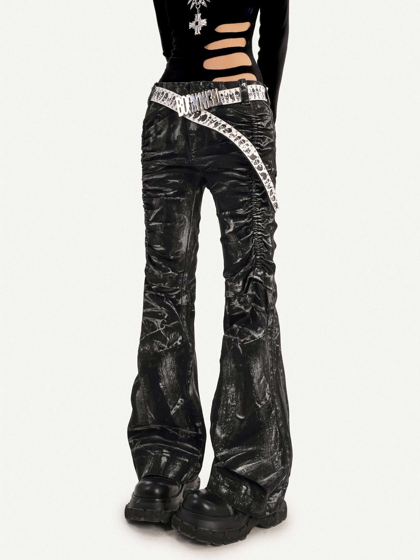 Lightning Print Deconstructed Pleats Flare Denim Jeans NA8630