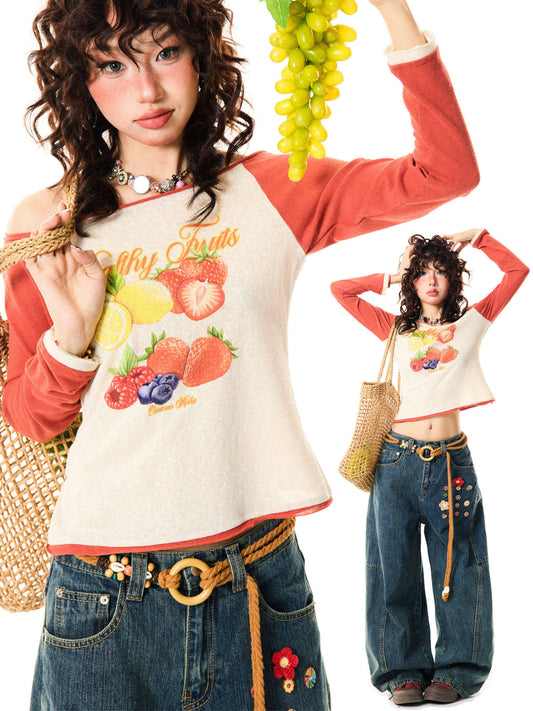 Fruit Graphic Print Off-Shoulder Fitted Long Sleeve T-Shirt NA9382