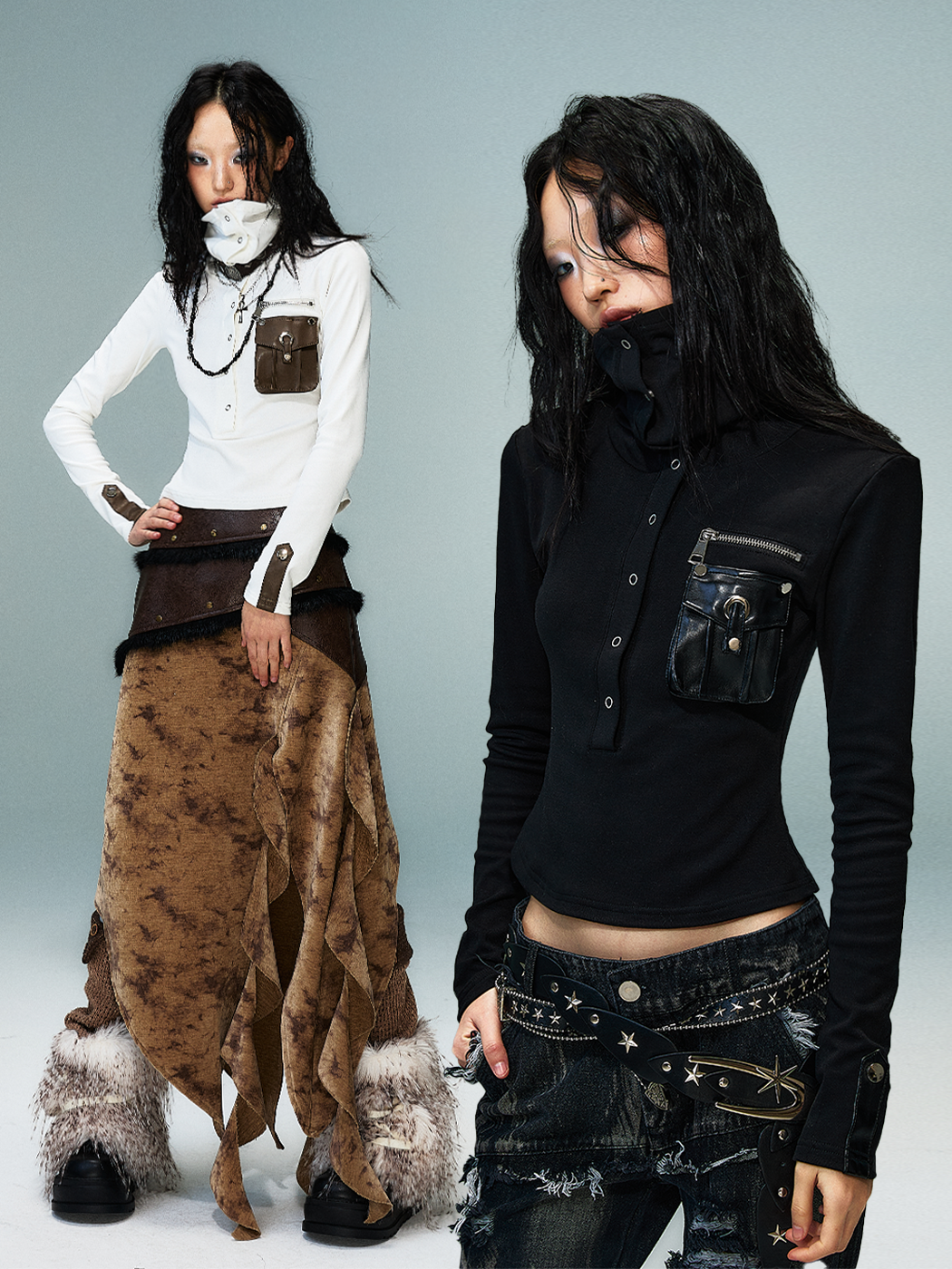 High-Neck Convertible Slim Knit Long Sleeve Shirt NA8139