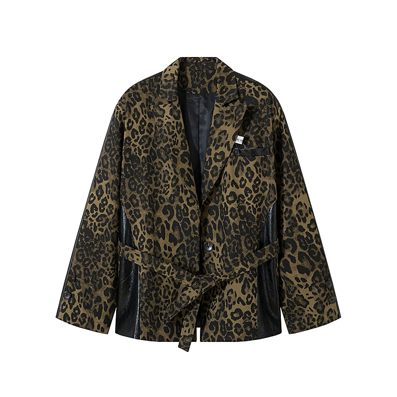 Leopard Mix Belted PU Leather Jacket NA7294
