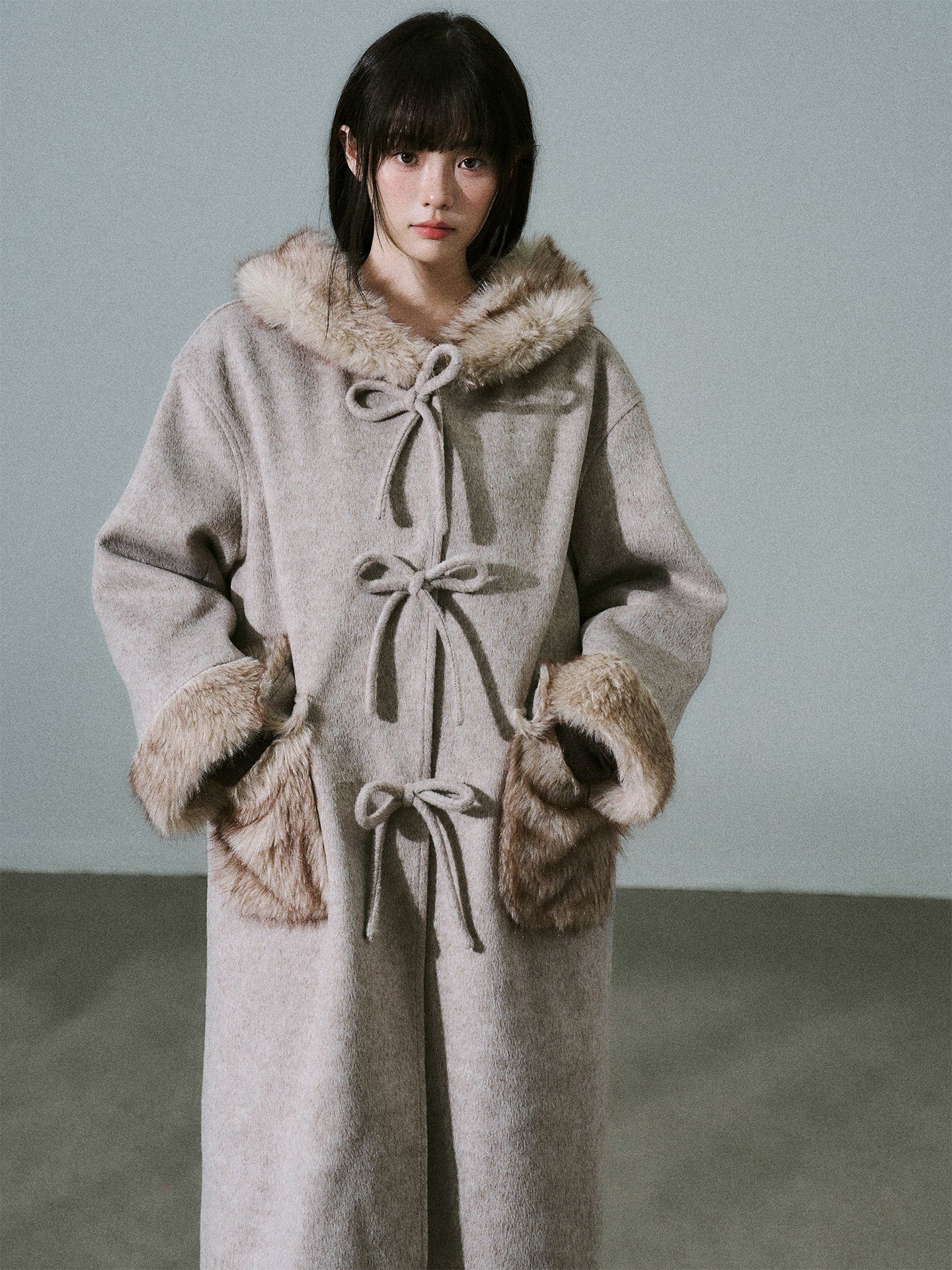 Bow Detail Fake Fur Trim Coat NA8829