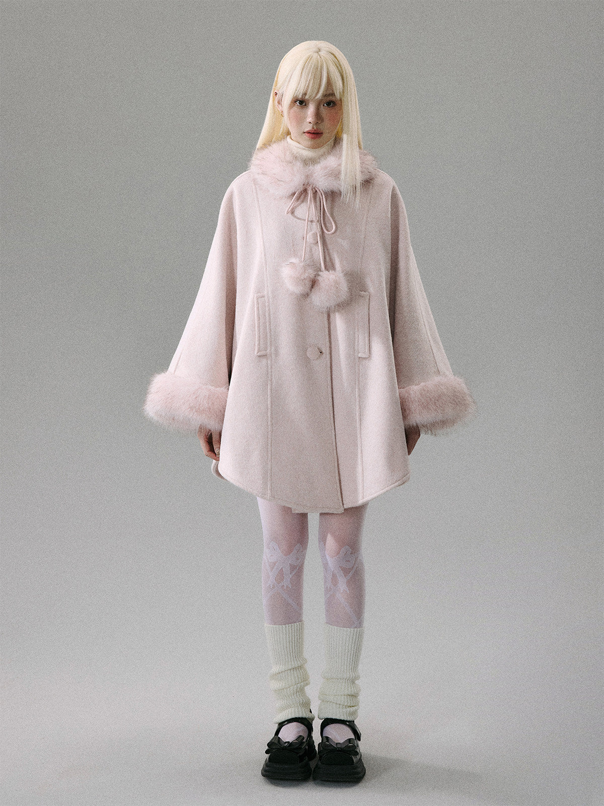 Sweet Girl Pink Long Hair Tweed Cape Coat NA8806