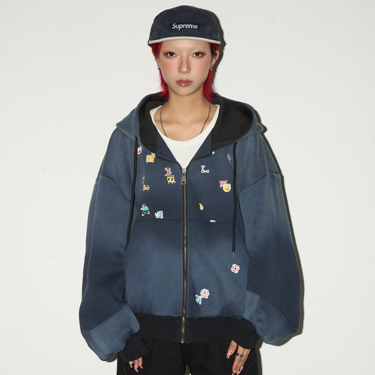 Gradient Embroidery Oversize Zipper Hoodie NA9160