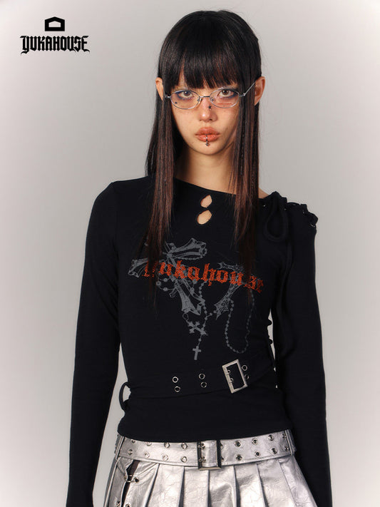 Cross Print Strap Buckle Cutout Long Sleeve T-Shirt NA9220