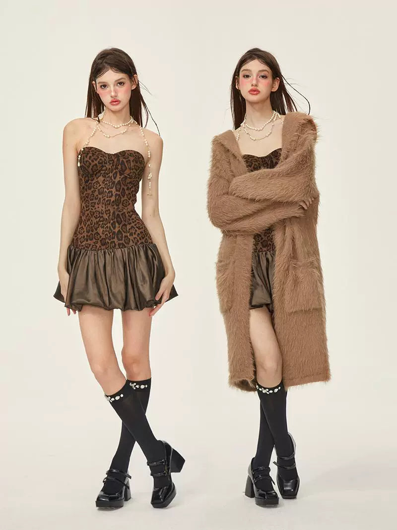 Leopard Print Suede Off-Shoulder Bubble Hem Strapless Dress NA7284