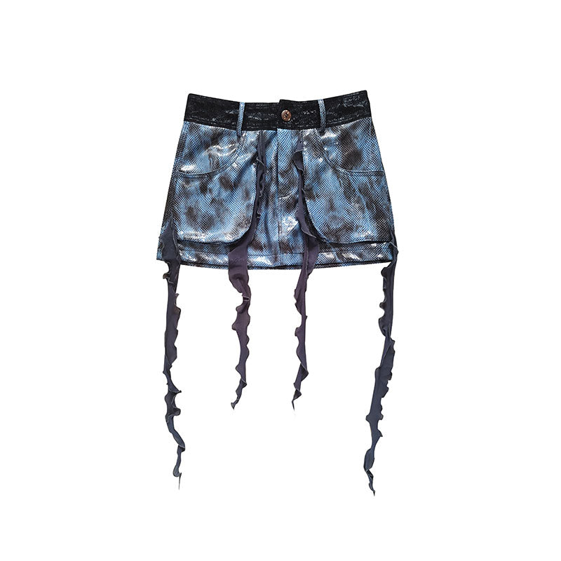 Fringe Patchwork PU Leather Skirt NA7730