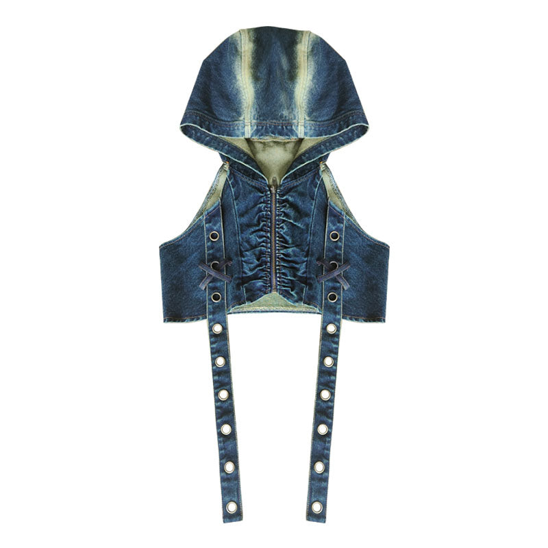 Denim Hooded Punk Zipper Vest NA7747
