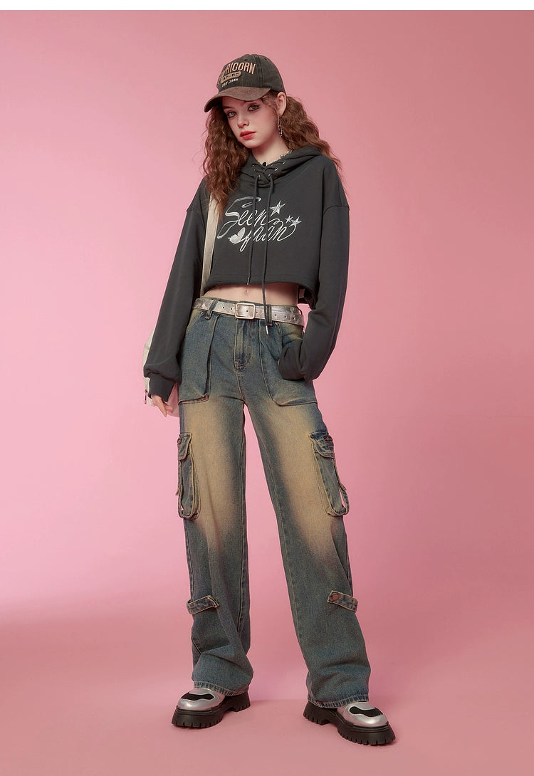 Letter Design Cropped Hoodie NA6762