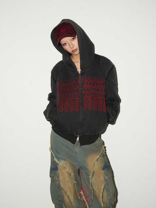 Embroidery Wash Damage Oversize Zipper Hoodie NA9070