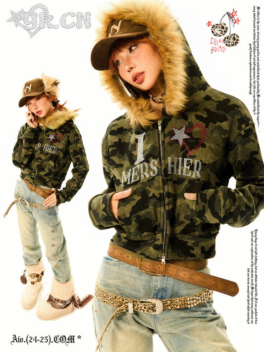 Camouflage Fake Fur Trim Star Patch Zipper Hooded Jacket NA9434