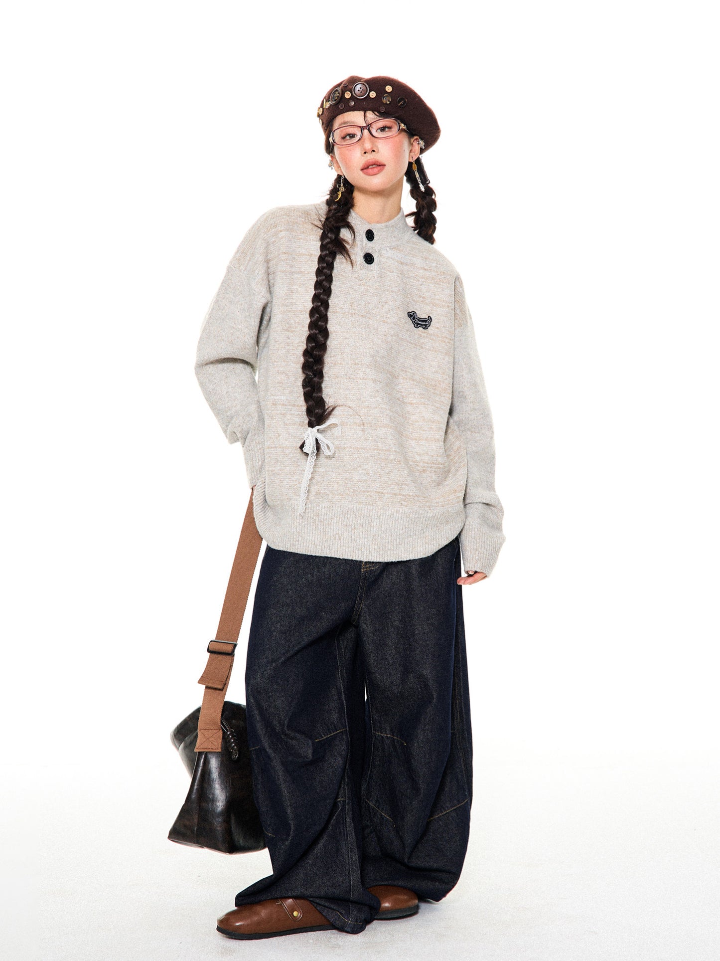 Button-Detail Stand Neck Knit Sweater NA9410
