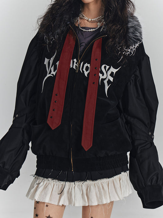 Embroidery Fur Collar Oversize Zipper Jacket NA8922