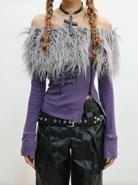 Fake Fur Trim Off-Shoulder Print Slim T-shirt NA8555