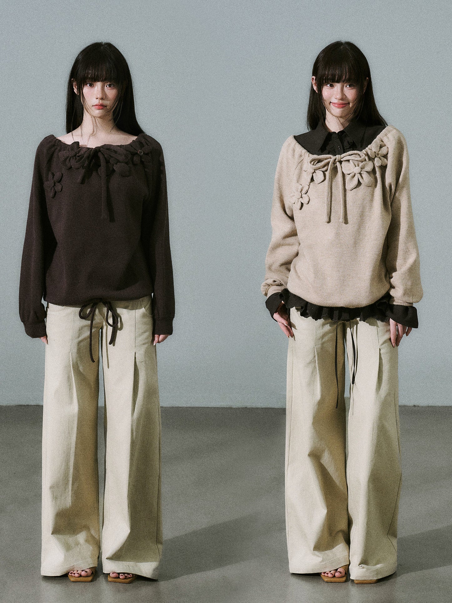 Handmade Flower Drawstring Wool Fake Layered Knit Sweater NA8802