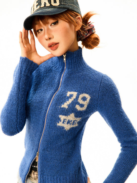 Number Patch Knit Zipper Stand Neck Cardigan NA9359