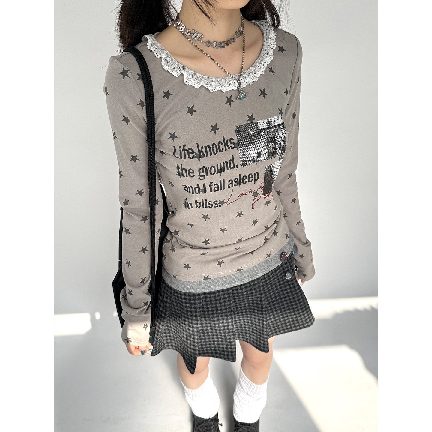 Star Print Lace Trim Fitted Long Sleeve T-Shirt NA9297