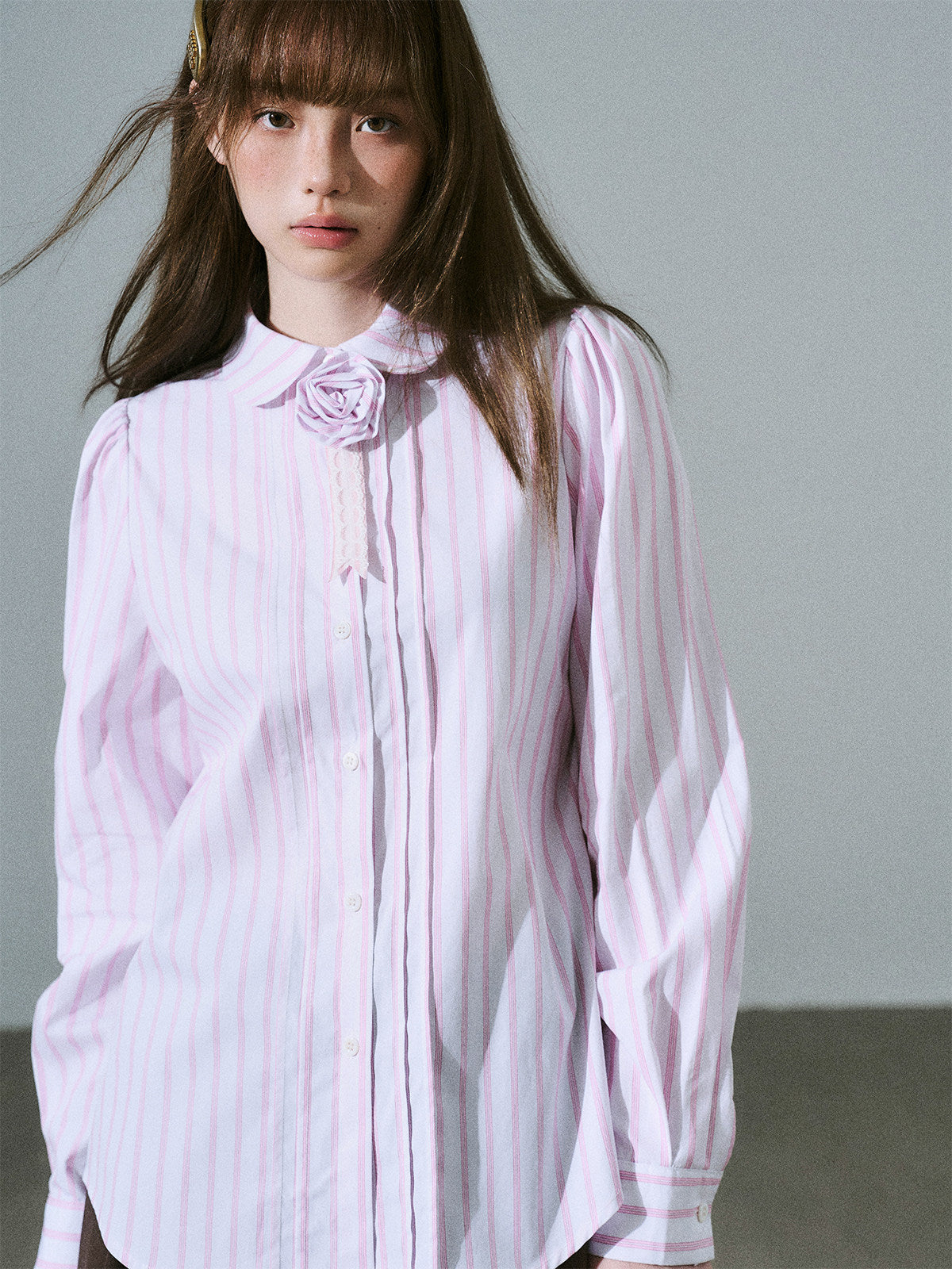 Lace & Flower Detail Stripe Long Sleeve Shirt NA8843