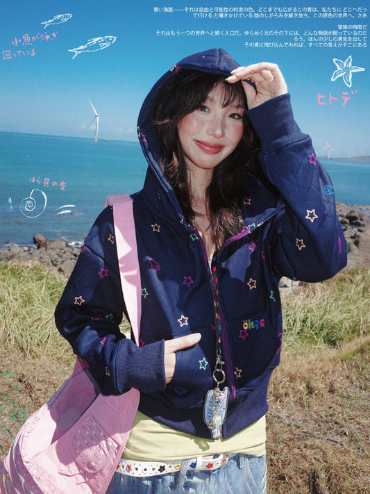 Star Print Fleece Zipper Hoodie NA9306